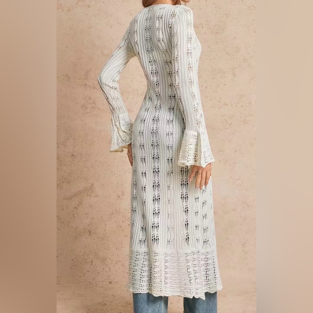 Cream Crochet Button Front Bell Sleeves Long Cardigan - Picture 7 of 11